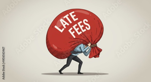 Man burdened by a giant sack of debt and late fees, struggling under pressure