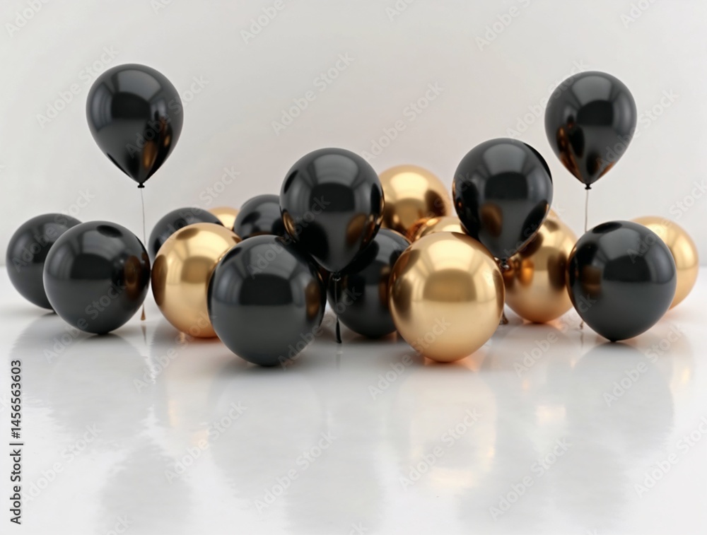 Black and gold helium balloons with reflections scattered in white room, modern celebration decor Black and gold helium balloons with reflections scattered in white room, modern celebration decor