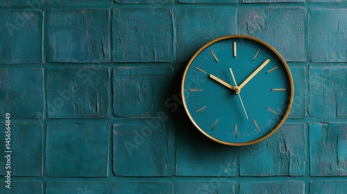 Wallpaper Mural A stylish wall clock with a teal face and gold accents is mounted on a textured teal brick wall, Ideal for home decor, interior design projects, or time management themes, Torontodigital.ca