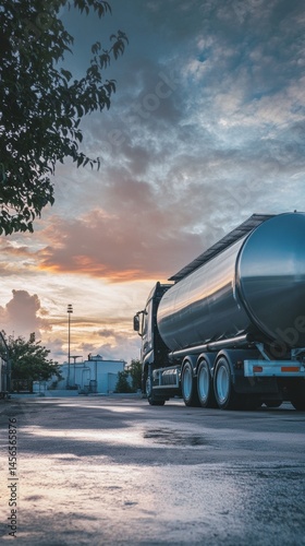Fuel Tanker Truck at Sunset Industrial Landscape Low Angle Shot Transportation and Logistics Theme