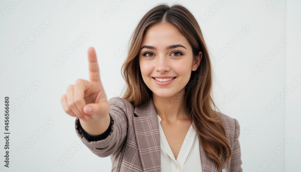 Smiling Woman Pointing a Finger, Businesswoman Gesture, Corporate Portrait Smiling Woman Pointing a Finger, Businesswoman Gesture, Corporate Portrait