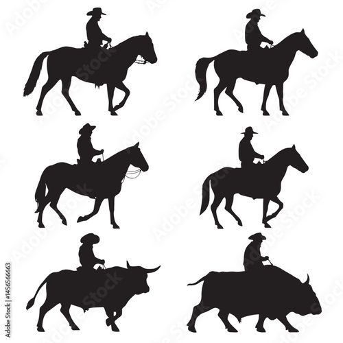 Vector silhouette set of cowboy on white background