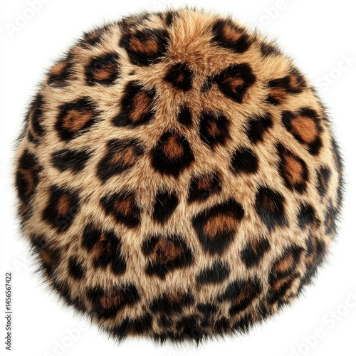 Close up studio shot of a round furry object with a leopard print pattern on a white background with soft lighting