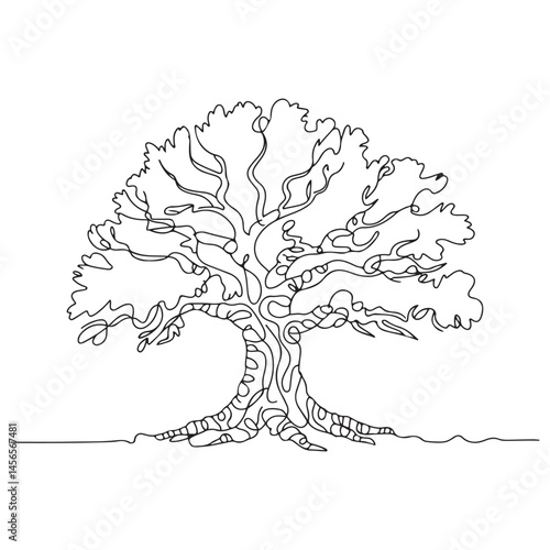 Tree in continuous line black art drawing style. Giant and powerful tree black linear design isolated on white background. Vector illustration