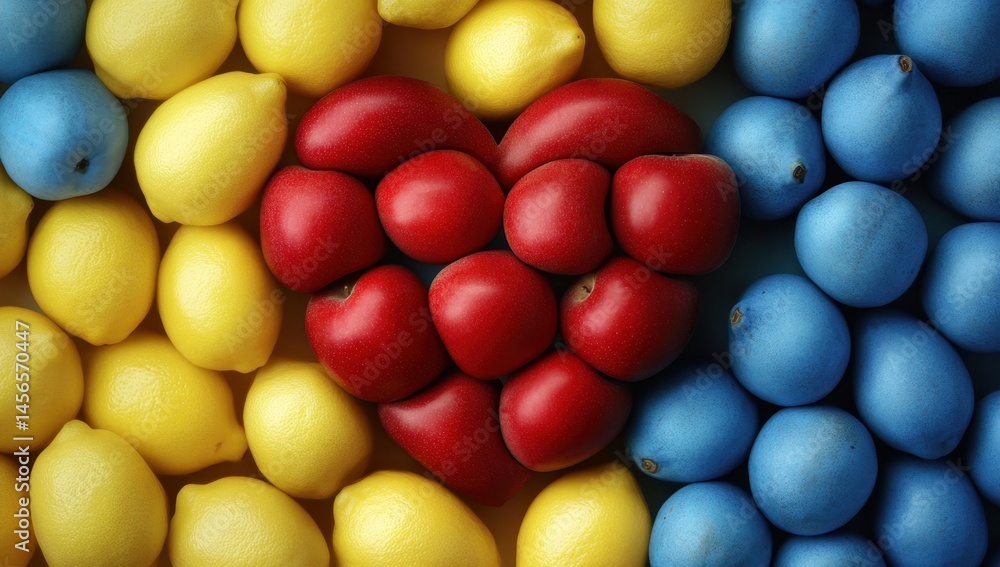 Heart-shaped fruit arrangement, vibrant colors, red heart formed by red fruits, surrounded by yellow lemons and blue pears Heart-shaped fruit arrangement, vibrant colors, red heart formed by red fruits, surrounded by yellow lemons and blue pears