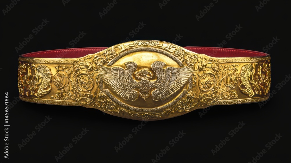 Ornate Golden Belt with Eagle Emblem on Black Background Close-up Studio Shot of Antique Accessory Ancient Design Ornate Golden Belt with Eagle Emblem on Black Background Close-up Studio Shot of Antique Accessory Ancient Design