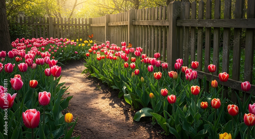 Obraz premium Walking Path Through Colorful Tulips in Garden with Wood Fence