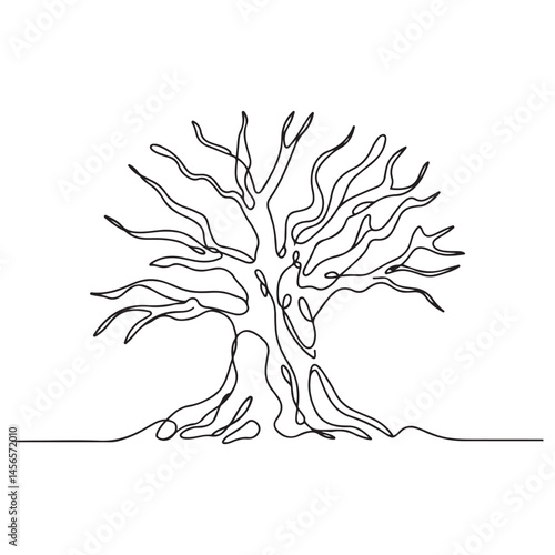 Tree in continuous line black art drawing style. Giant and powerful tree black linear design isolated on white background. Vector illustration