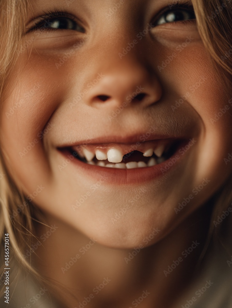 Fototapeta premium Little Girl Joyfully Smiles Showing Her Missing Front Tooth While Enjoying a Sunny Day Outdoors