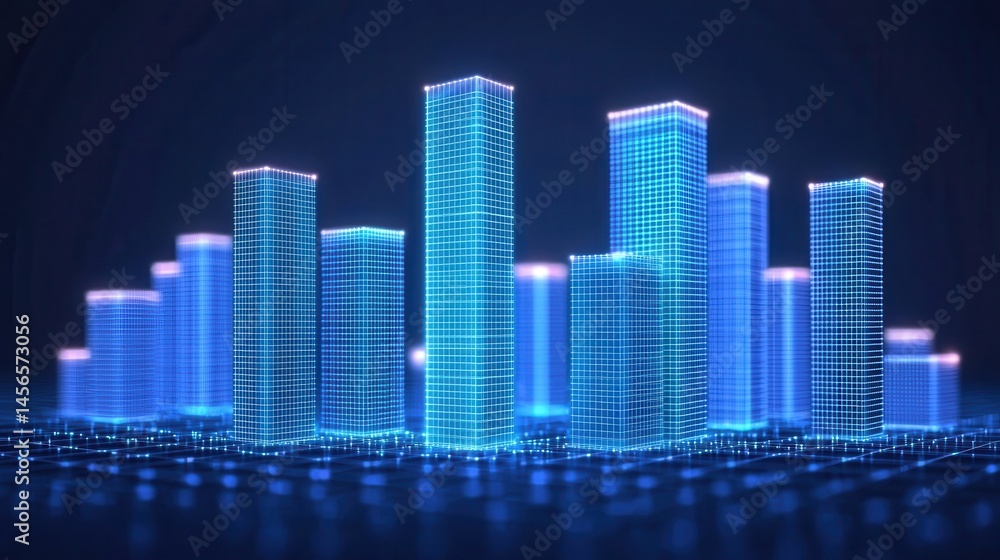 Futuristic City Skyline with Neon Buildings and Digital Grid Futuristic City Skyline with Neon Buildings and Digital Grid