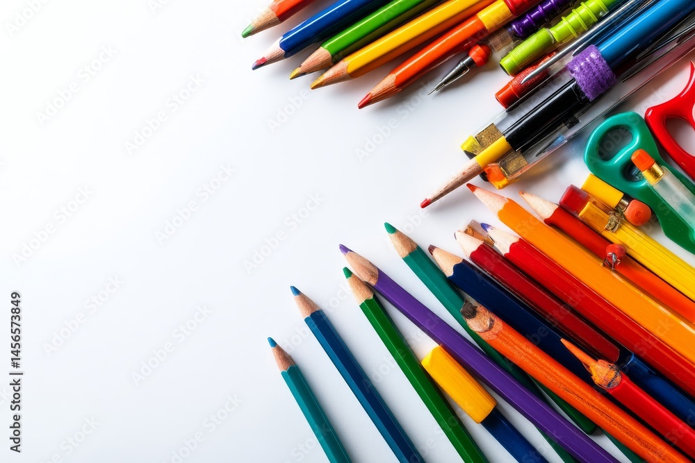 Fototapeta premium Vibrant school supplies are arranged on a white background in a flat lay, conveying the idea of back to school from a direct overhead view