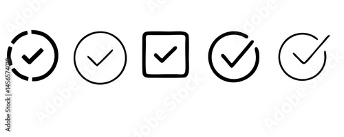 check list icon set. approved symbol, checked checkbox mark, checkmark set, editable line.	