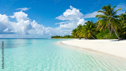 Fototapeta Naklejka Na Ścianę i Meble -  Stunning Tropical Beach Paradise White Sand, Turquoise Water, and Lush Palm Trees