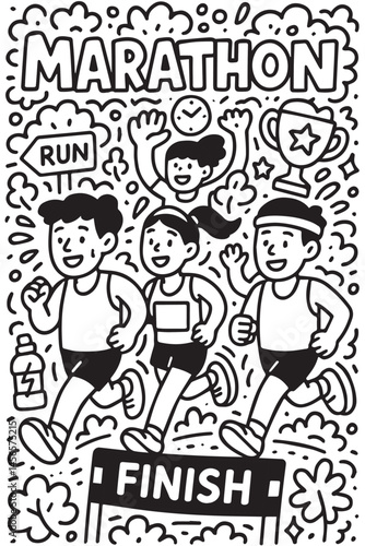 Marathon themed doodle vector background in black and white, filled with running gear, participant silhouettes, mile markers, and motivational phrases.