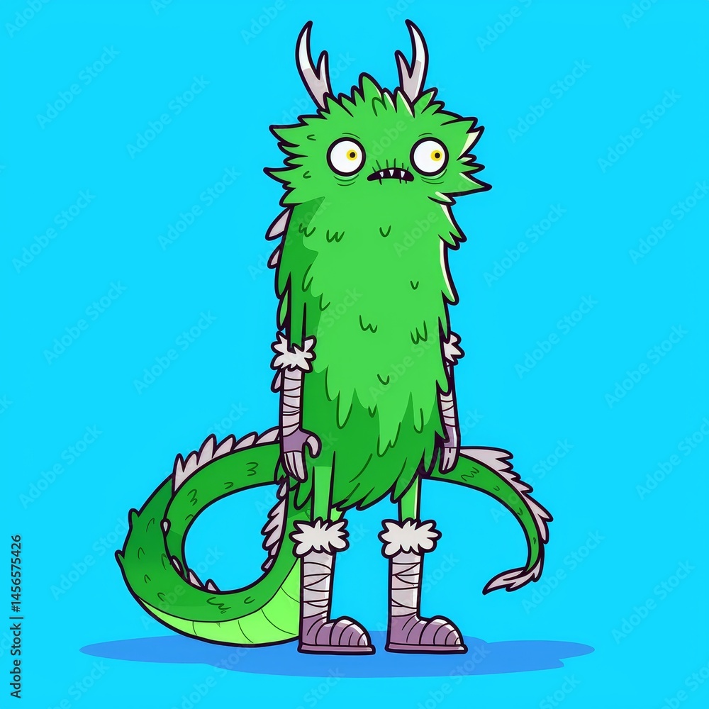 A green monster with horns and a big mouth stands on a blue background