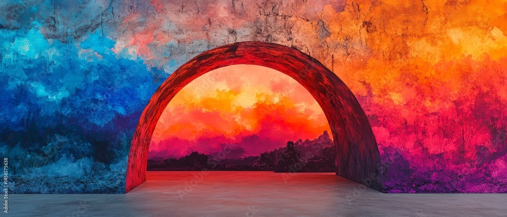 A colorful archway with a blue sky in the background