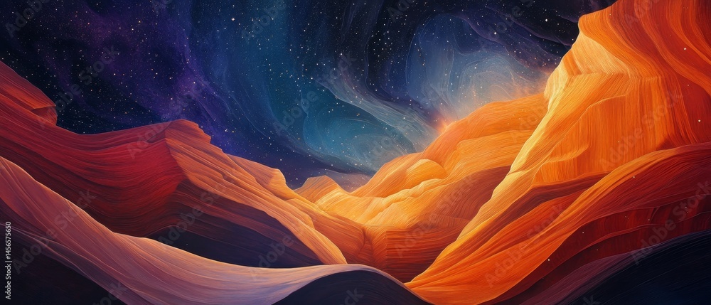 A painting of a mountain range with a blue sky and stars