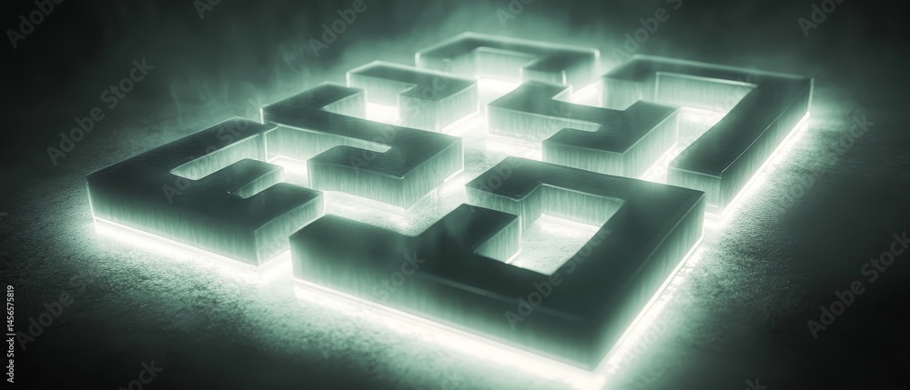 A maze of squares and triangles is lit up in a dark room