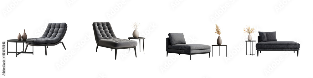 Fototapeta premium Modern living room furniture design with black sofas and chairs.