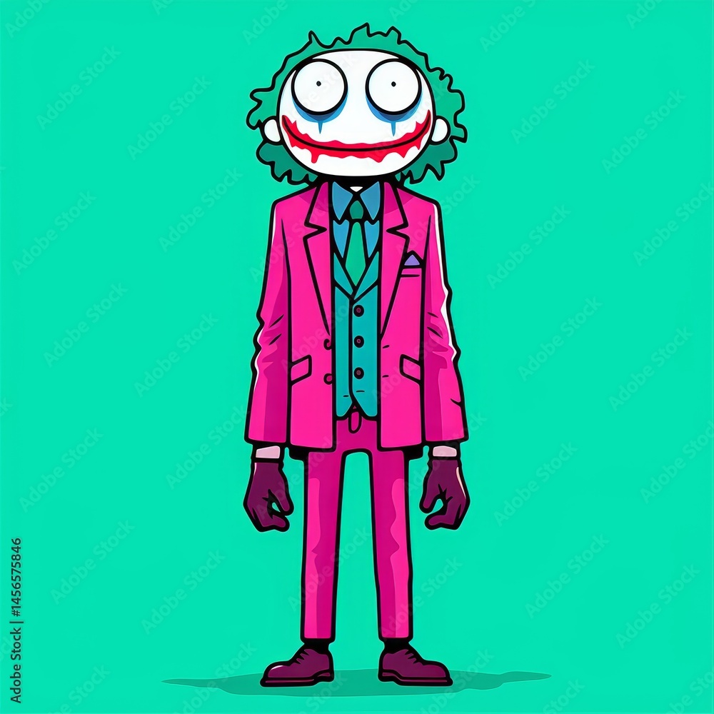 A cartoonish man in a pink suit and a green background