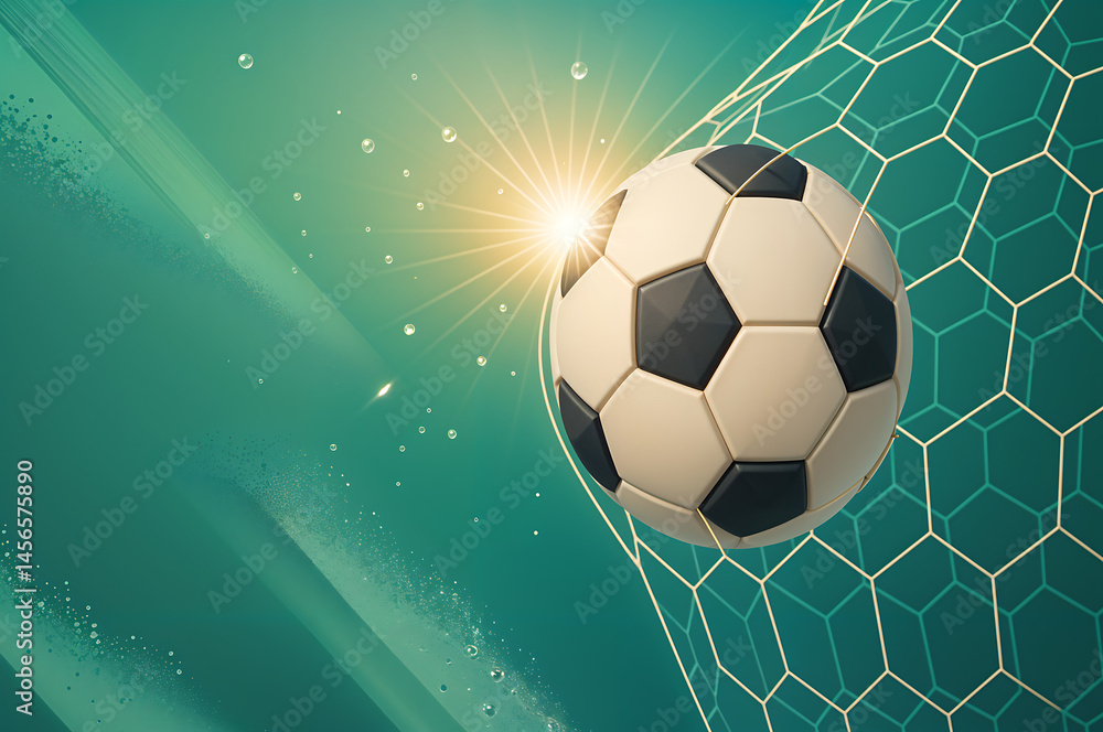 Fototapeta premium Goal! Soccer Ball in Net, Sunburst Background
