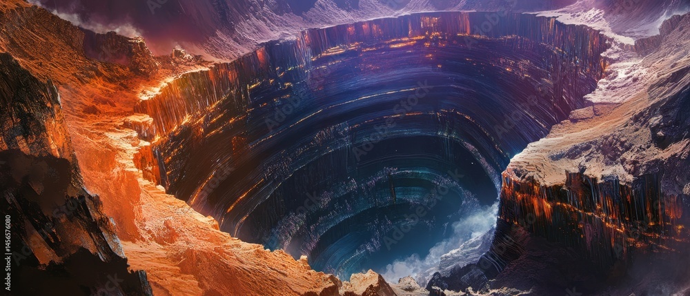 A large hole in the ground with a bright orange and blue sky above it