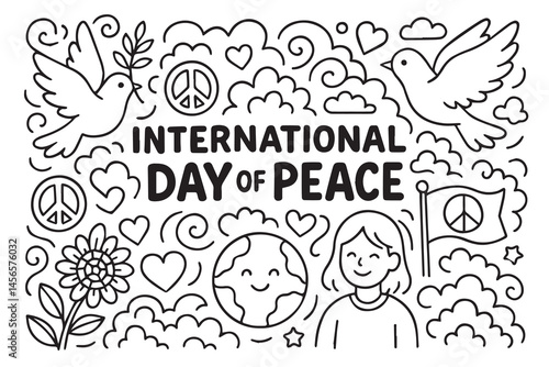 International Day of Peace vector background in doodle style, filled with symbols like doves, earth, hugging people, olive leaves, and unity signs.