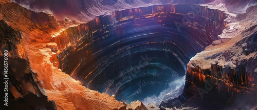 Obraz na płótnie A large hole in the ground with a bright orange and blue sky above it w salonie