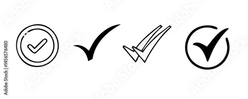 check list icon set. approved symbol, checked checkbox mark, checkmark set, editable line.	
