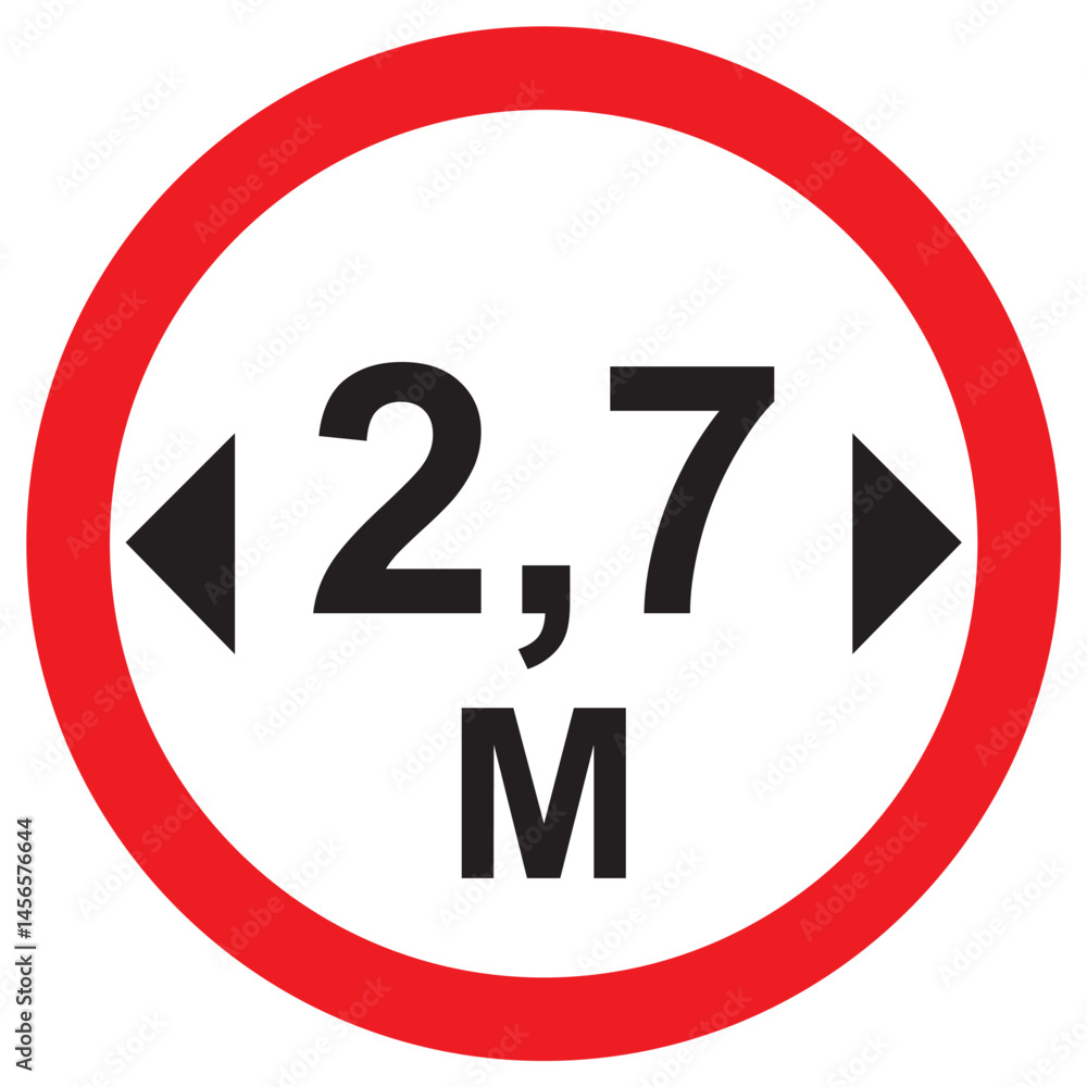 road sign indicating maximum vehicle width restriction of 2.7 meters with red circular border and arrows road sign indicating maximum vehicle width restriction of 2.7 meters with red circular border and arrows