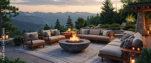 Luxurious outdoor living area featuring a fire pit and mountain view at sunset