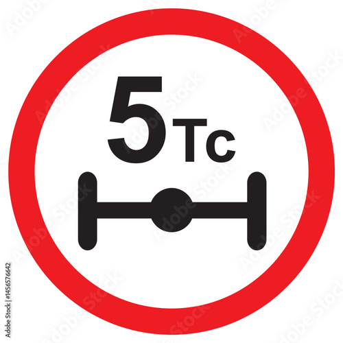 traffic sign indicating maximum axle load limit of 5 tons with red circular border and vehicle axle icon