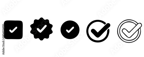 check list icon set. approved symbol, checked checkbox mark, checkmark set, editable line.	