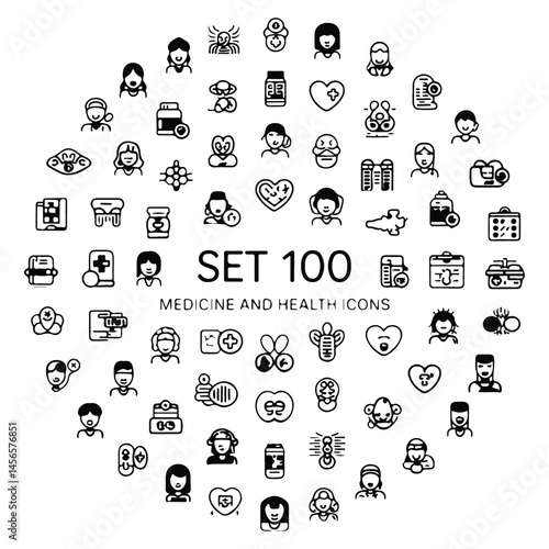 A silhouette of medecine and health flat 100 icon vector set on a white background