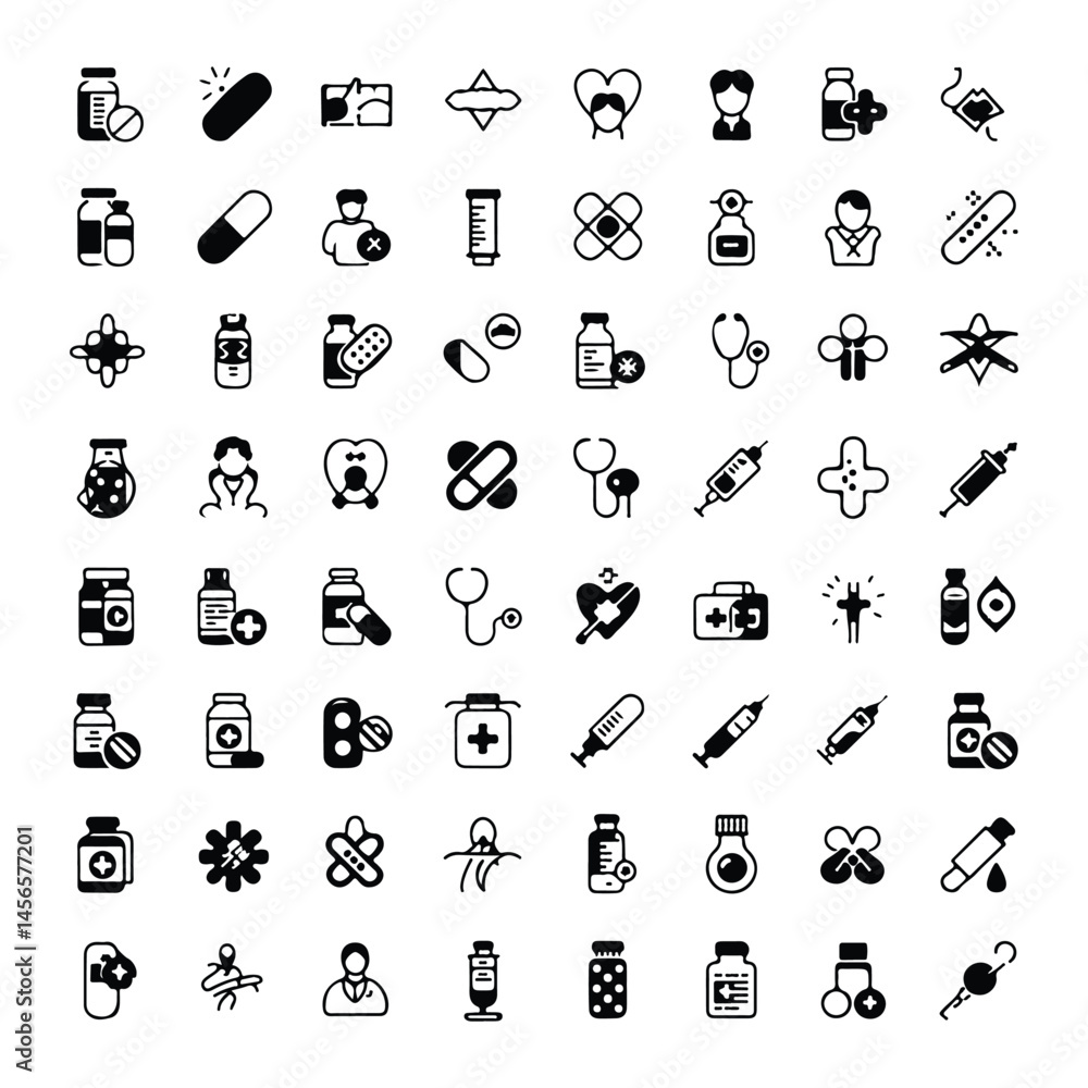 Naklejka premium A silhouette of medecine and health flat 100 icon vector set on a white background