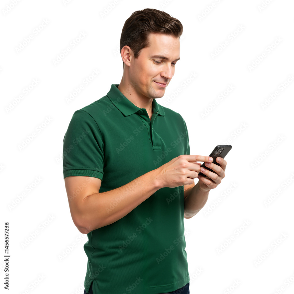 Man texting on the phone, isolated on transparent background