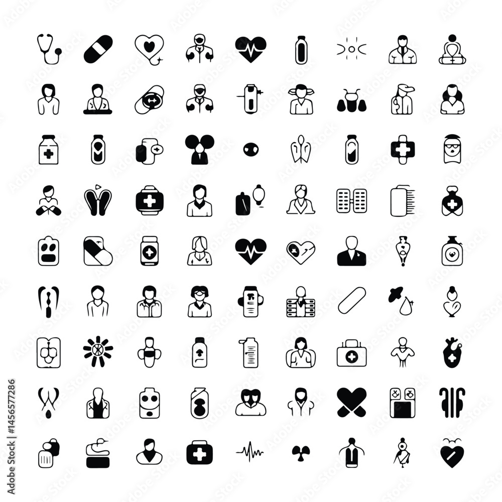 Fototapeta premium A silhouette of medecine and health flat 100 icon vector set on a white background