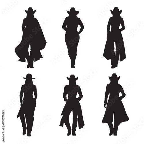 Vector silhouette set of cowgirl on white background