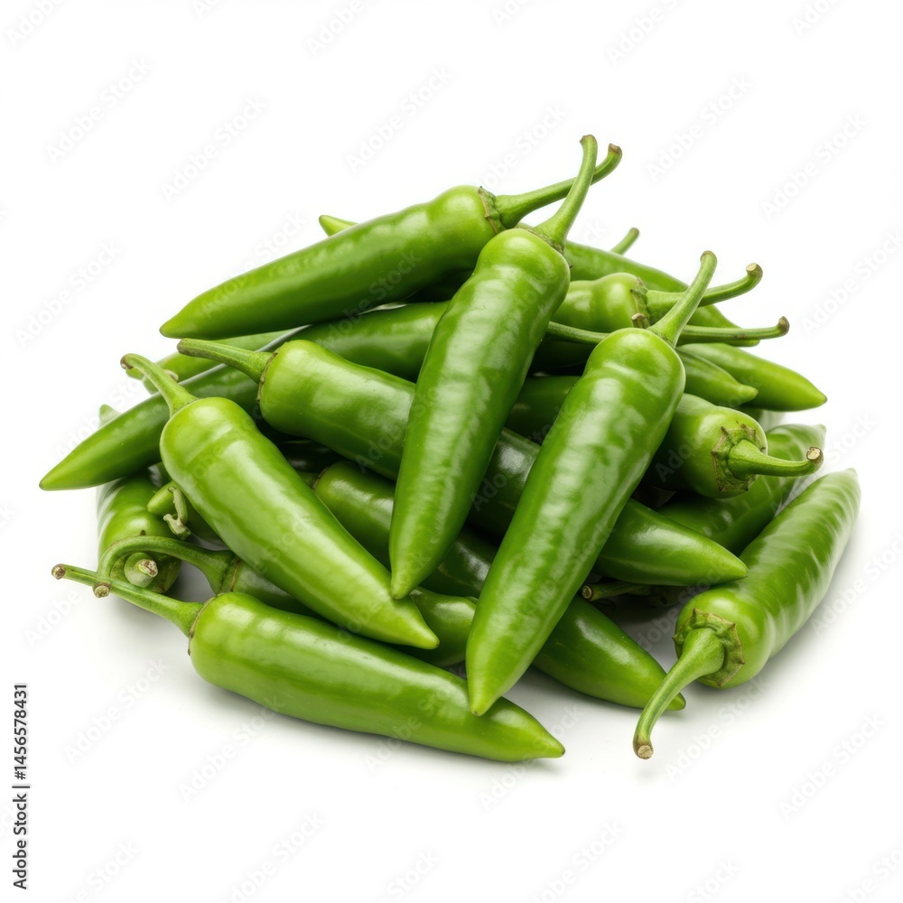 A pile of fresh green chili peppers with stems on a white background in a studio setting close up A pile of fresh green chili peppers with stems on a white background in a studio setting close up