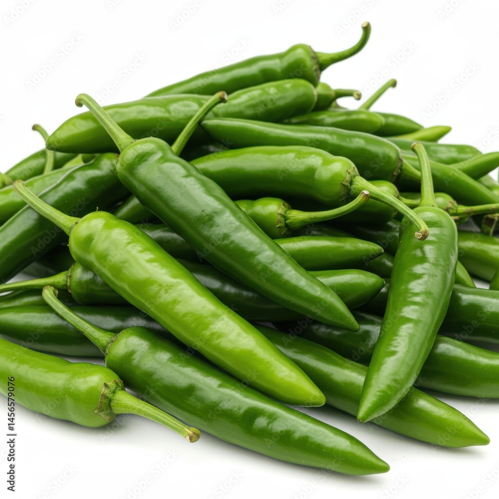 A close up shot of a pile of fresh green chili peppers with stems on a white background surface A close up shot of a pile of fresh green chili peppers with stems on a white background surface