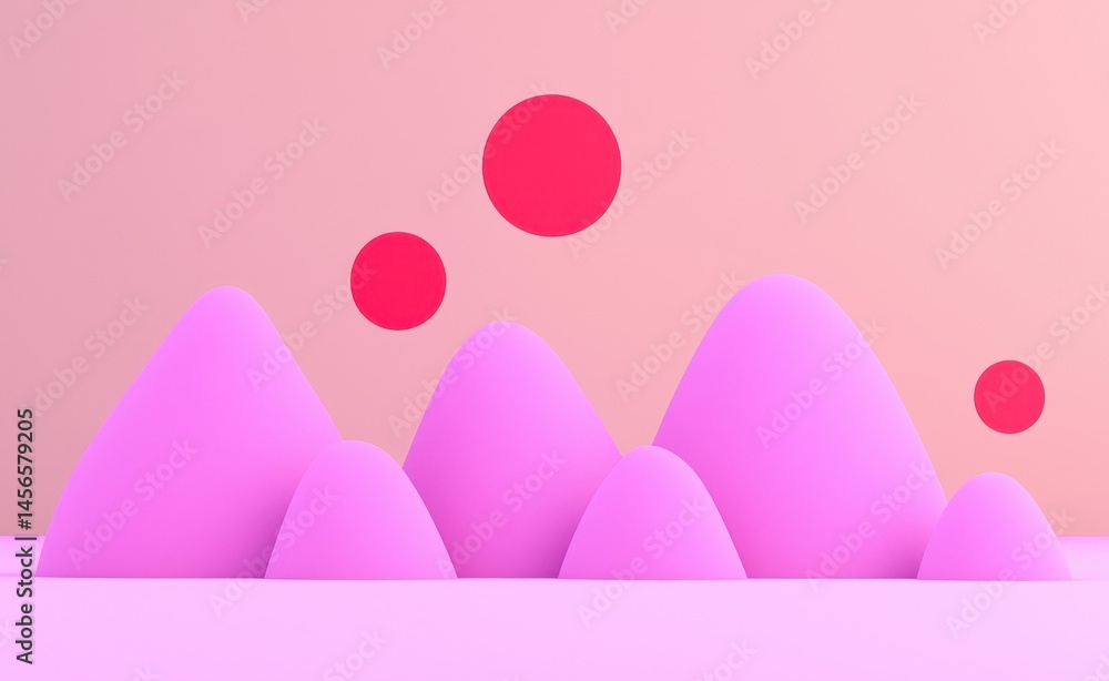 Playful Pink Mountains with Red Circles on Soft Background Playful Pink Mountains with Red Circles on Soft Background