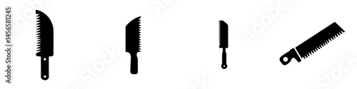 Various black and white vector illustrations of kitchen knives and saws for culinary and woodworking applications