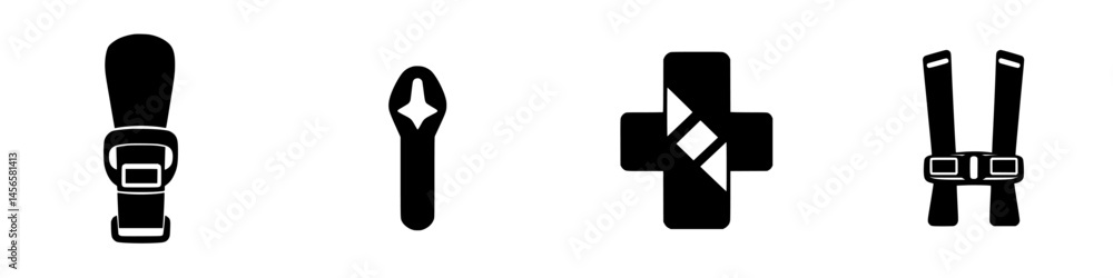 Vector illustration depicting safety belt, wrench, first aid symbol, and safety straps in black and white styles for various applications Vector illustration depicting safety belt, wrench, first aid symbol, and safety straps in black and white styles for various applications