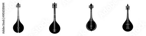 Vector illustration of four distinct black and white musical instruments resembling stringed instruments displayed in a row
