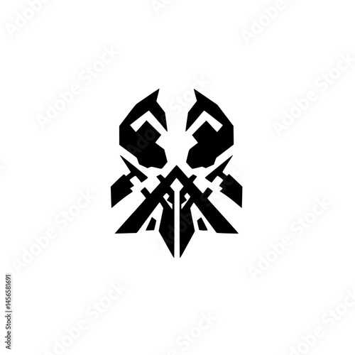 Intricate black and white vector illustration featuring weaponry and a stylized crest design