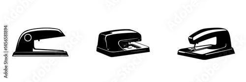 Vector illustration of black and white staplers in various designs for graphic design and office supply projects