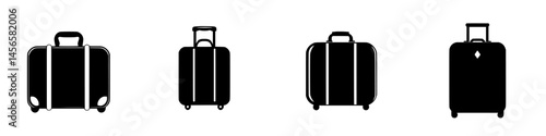 Vector illustration of four distinct suitcase designs in black and white for travel-themed graphic use