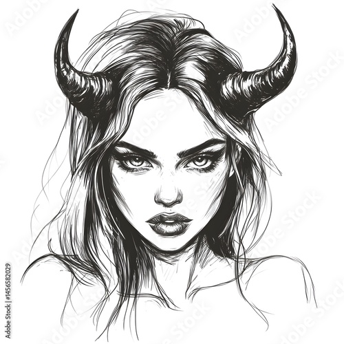 Woman with horns on her head. The horns are drawn in black and the woman's face is drawn in white