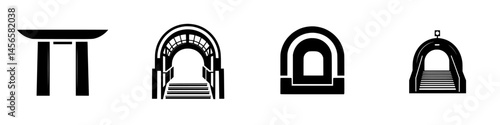 Unique black and white vector illustration of various archways and structures from different cultural backgrounds without specific identification