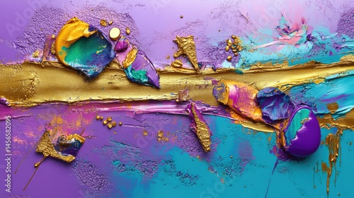 Sparkling golden texture combined with dreamy purple and teal fractal shapes, abstract art